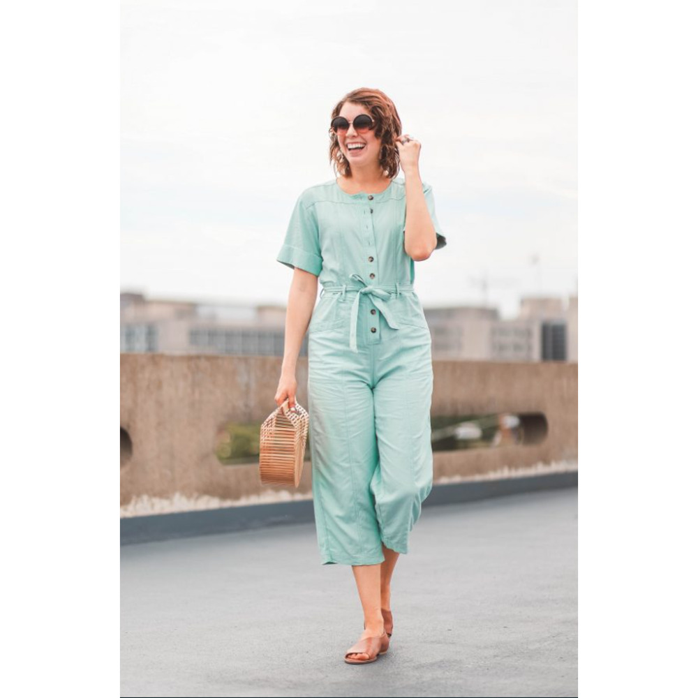 Madewell Topstitched Coverall Jumpsuit Sea Haze Size 6 Tie Waist Cropped Utility